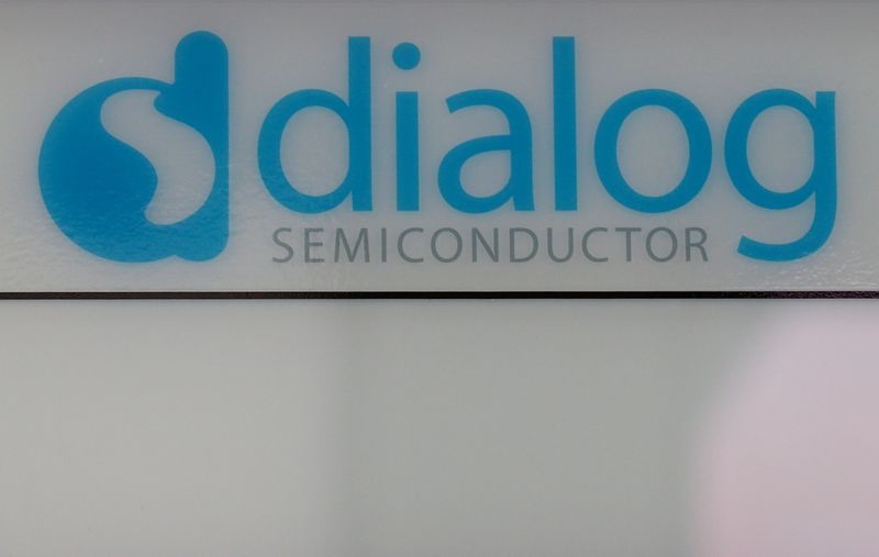 Dialog semiconductor logo is pictured at company building in Germering
