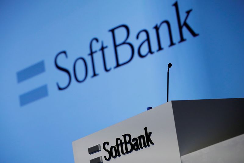 SoftBank Corp’s logo is pictured at a news conference in