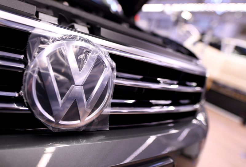 FILE PHOTO: A Volkswagen logo is pictured in a production