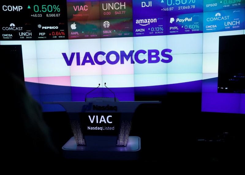 The ViacomCBS logo is displayed at the Nasdaq MarketSite to