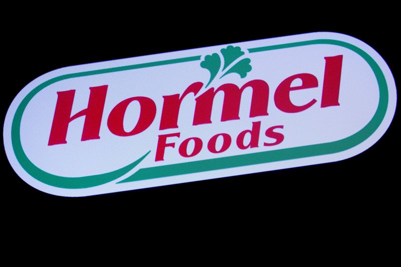FILE PHOTO: The company logo for Hormel Foods is displayed