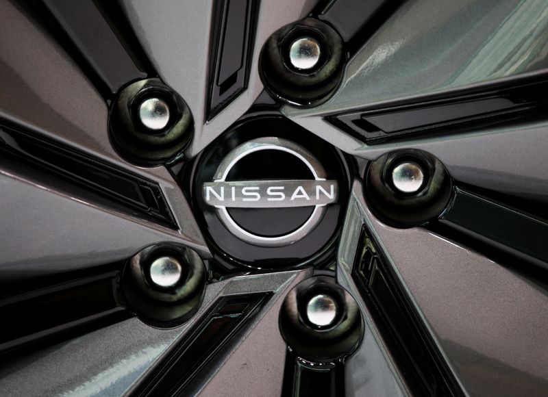 The brand logo of Nissan Motor Corp. is seen on