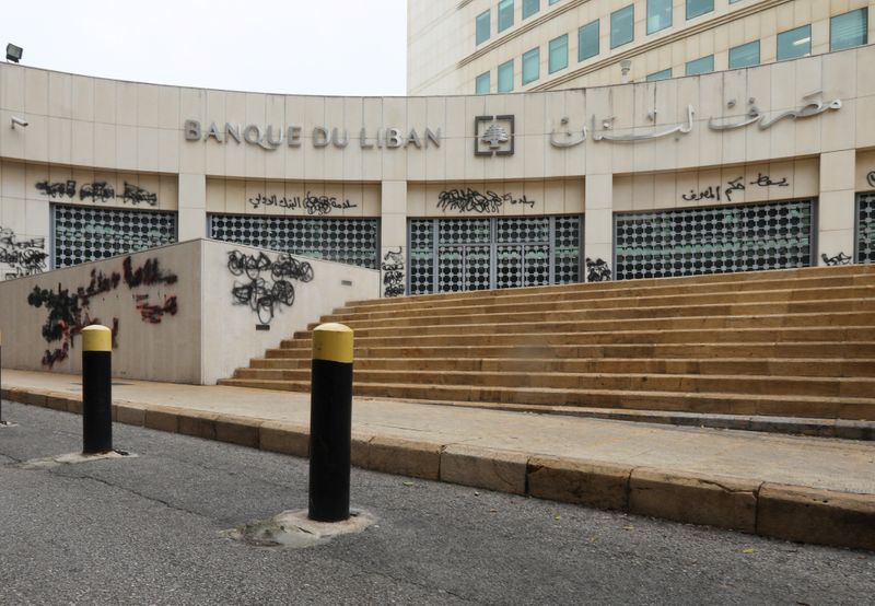 FILE PHOTO: Lebanon’s central bank is seen closed under a