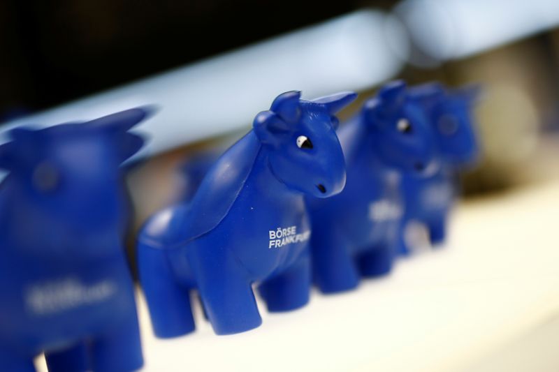 FILE PHOTO: Plastic bull figurines, symbols of the Frankfurt stock