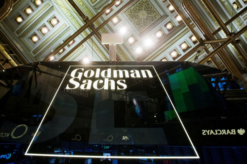 FILE PHOTO: Goldman Sachs sign is seen above floor of