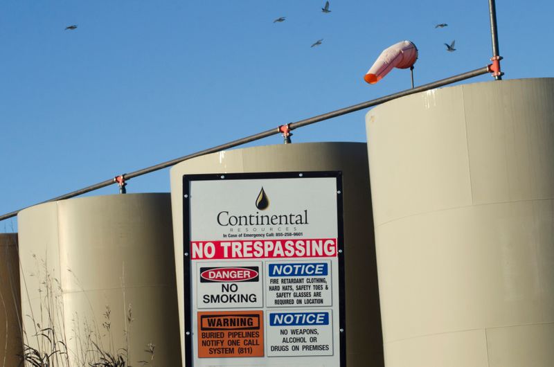 Birds fly over storage tanks on a Continental Resources oil