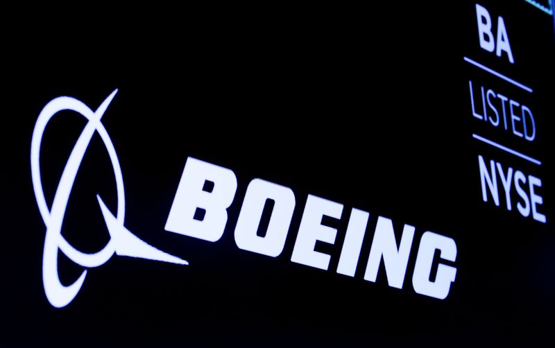 FILE PHOTO: The Boeing logo is displayed on a screen