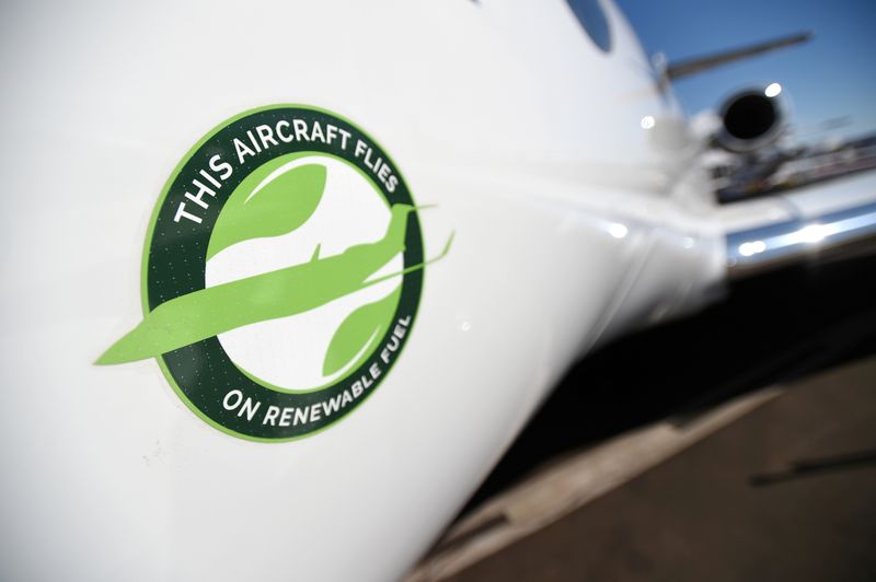 FILE PHOTO: A decal stating “This Aircraft Flies On Renewable