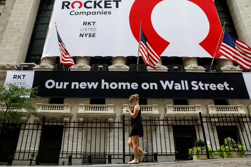FILE PHOTO: A banner celebrating Rocket Companies Inc. IPO is