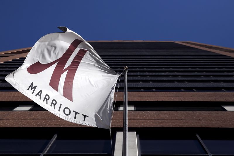 A Marriott flag hangs at the entrance of the New