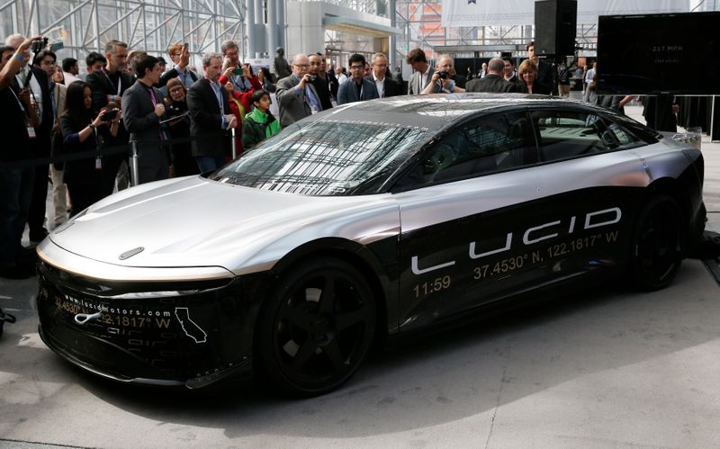 Lucid Air speed test car displayed at the 2017 New