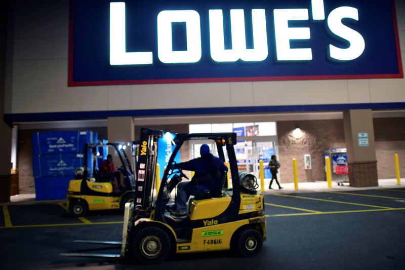 A fork lift operator outside a Lowe’s hardware store in