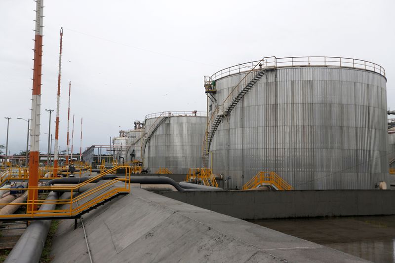 Storage tanks are seen at Ecopetrol’s Castilla oil rig platform,