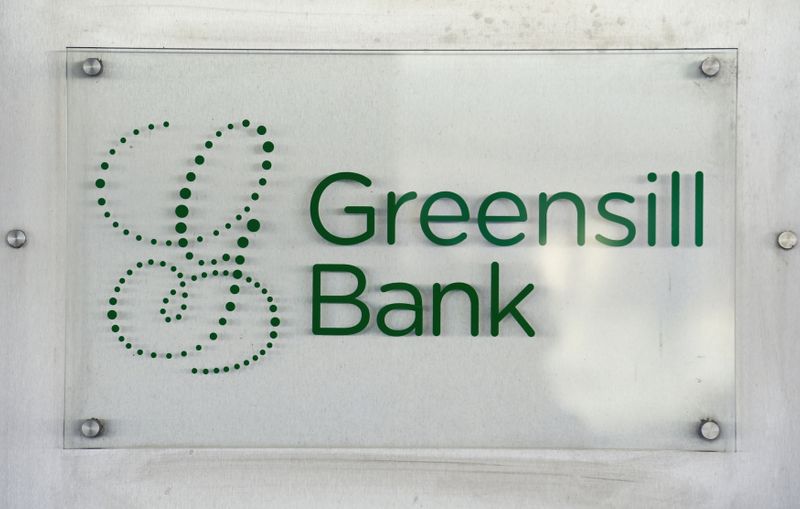 The logo of Greensill Bank is pictured in downtown Bremen