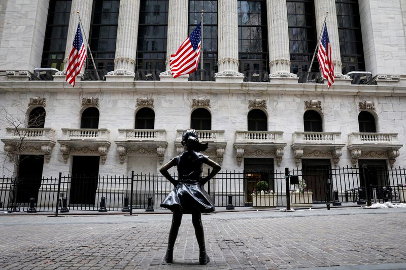 The Fearless Girl statue is seen outside the NYSE is