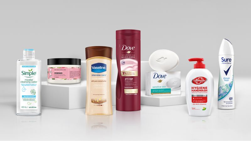 A 2021 handout illustration shows Unilever beauty products without the