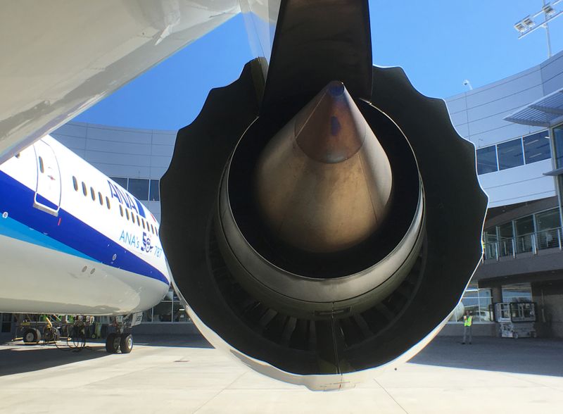 A Rolls-Royce engine is seen on a Boeing 787-9 Dreamliner