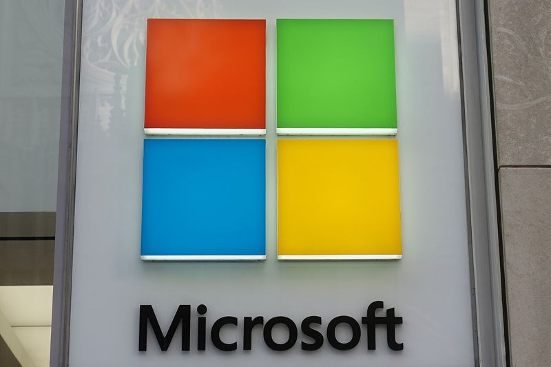 A Microsoft logo is pictured on a store in New