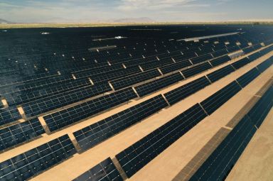 Arrays of photovoltaic solar panels are seen at the Tenaska