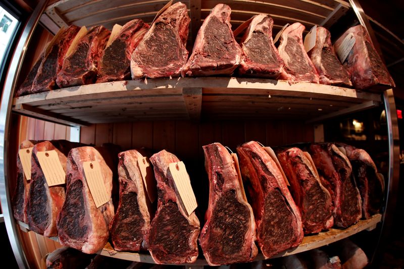 Cuts of USDA prime dry-aged beef are seen in the