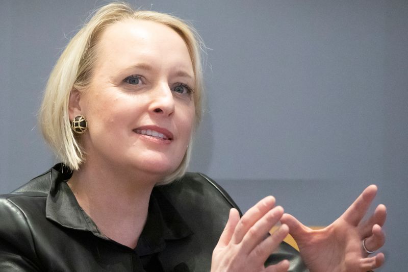Accenture CEO Julie Sweet speaks during a meeting with the