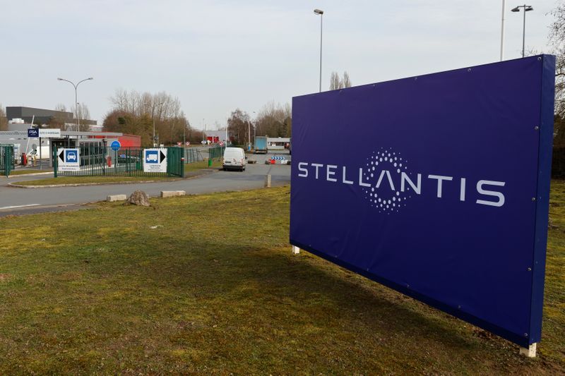 Logo of Stellantis at the company’s factory in Hordain