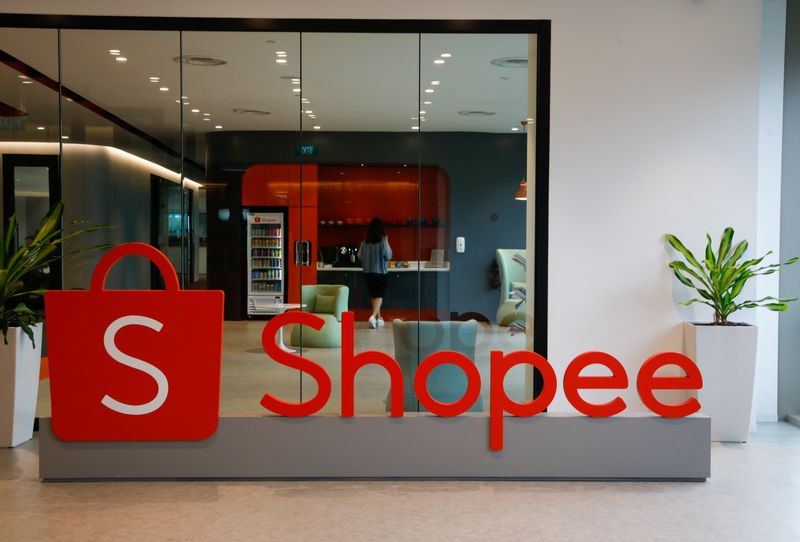 A signage of Shopee is pictured at their office in