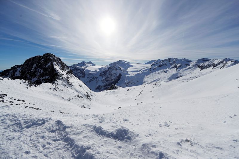 FILE PHOTO: Mountains are seen from the Presena Glacier in
