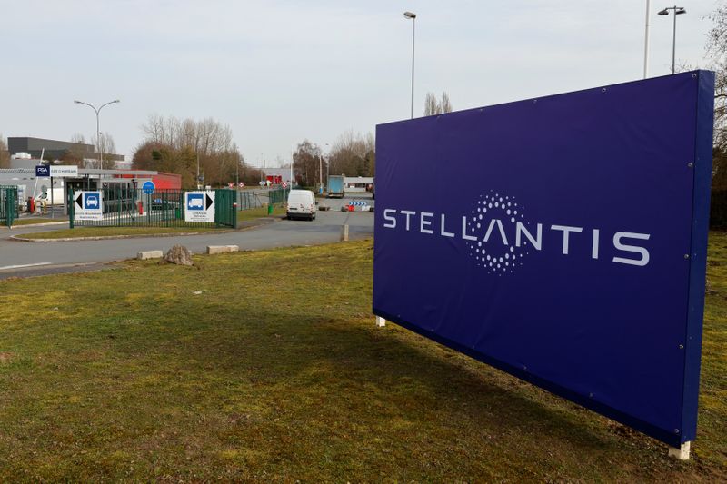 FILE PHOTO: Logo of Stellantis at the company’s factory in