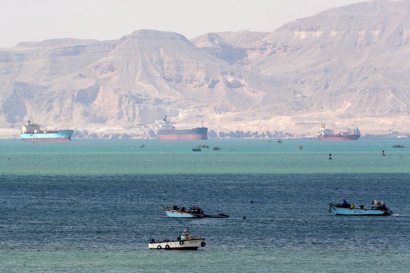 Ships are seen at the entrance of Suez Canal, which