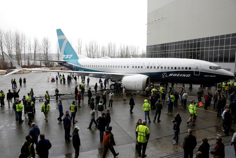 FILE PHOTO: Employees are pictured as the first Boeing 737
