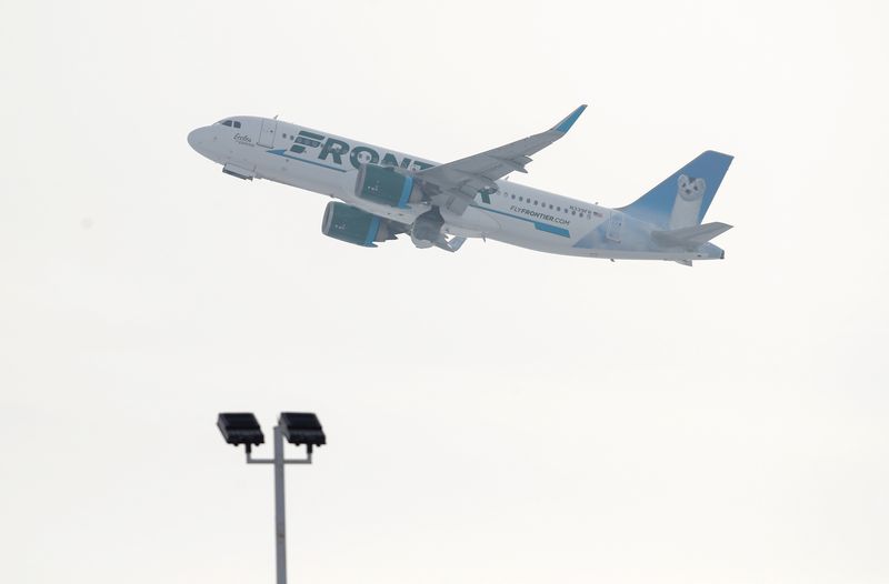 FILE PHOTO: A Frontier Airlines Airbus A320neo plane departs from