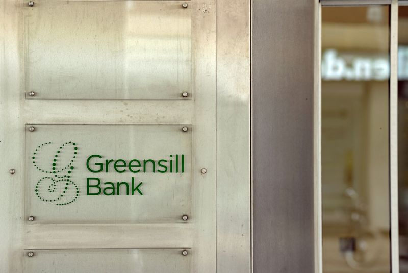 FILE PHOTO: Logo of Greensill Bank is pictured in downtown