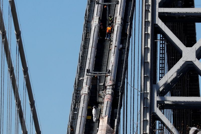 Construction workers on George Washington Bridge duering reconstruction in New