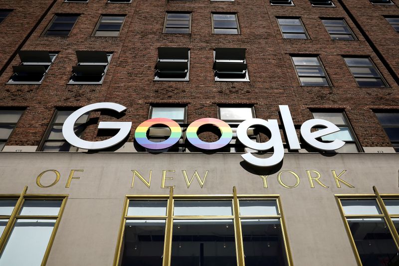 FILE PHOTO: The Google logo is displayed outside the company
