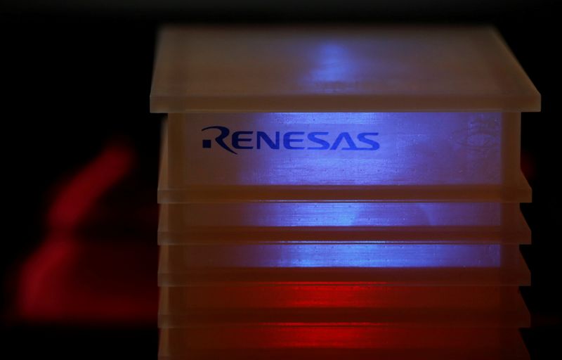 FILE PHOTO: Renesas Electronics Corp’s logo is seen a company