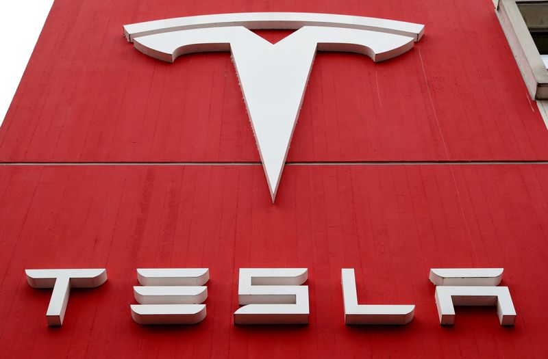 FILE PHOTO: The logo of car manufacturer Tesla is seen