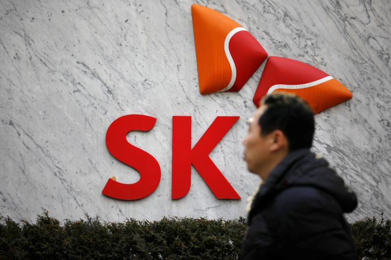 The logo of SK Innovation is seen in front of