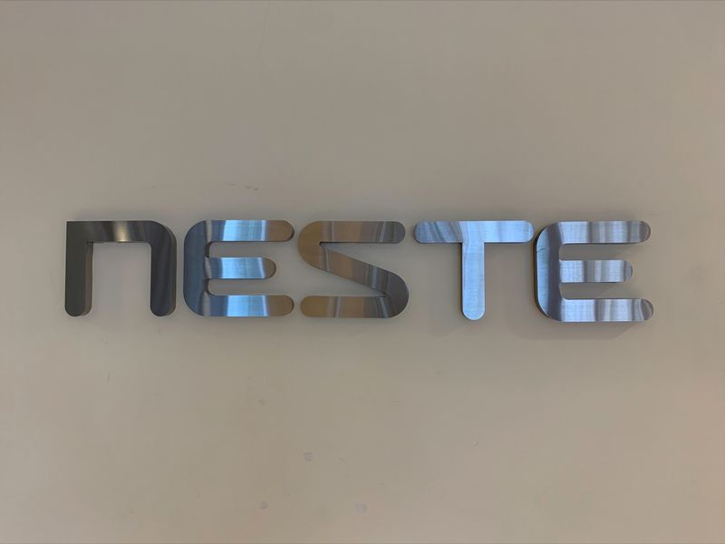 Neste’s signage is pictured at their refinery in Singapore