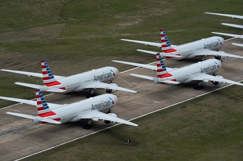 FILE PHOTO: American Airlines passenger planes crowd a runway where