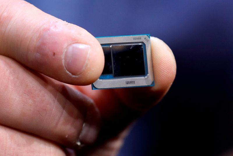 FILE PHOTO: An Intel Tiger Lake chip is displayed at