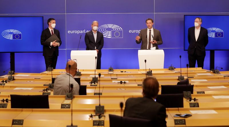 Members of European Parliament hold a news conference after the