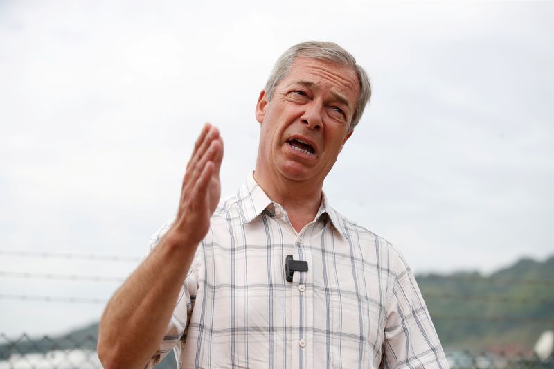 FILE PHOTO: British Brexit Party leader Nigel Farage speaks during