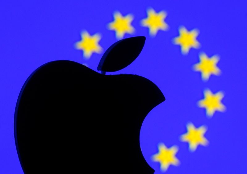 FILE PHOTO: A 3D-printed Apple logo is seen in front