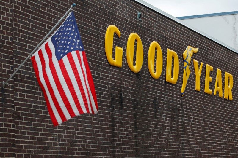 FILE PHOTO: A U.S. flag flies at a Goodyear Tire