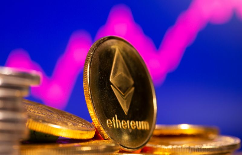 A representation of virtual currency Ethereum are seen in front