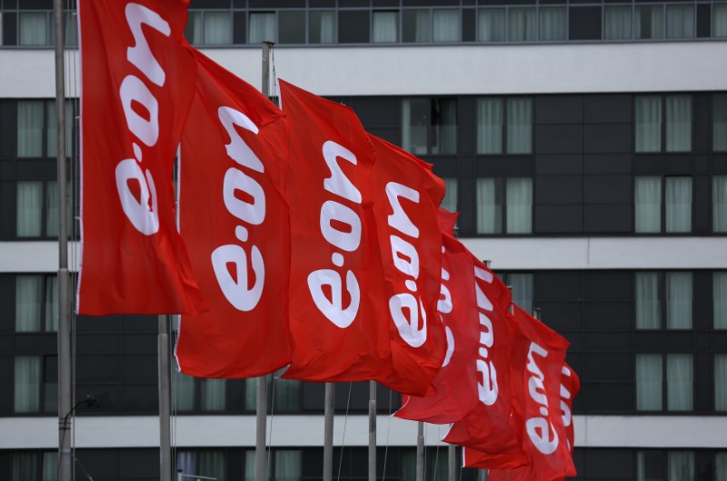 Flags of E.ON are seen before the annual meeting of
