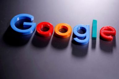FILE PHOTO: A 3D-printed Google logo is seen in this