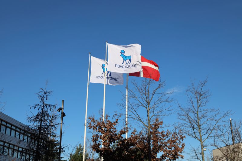 FILE PHOTO: Flags are seen outside Novo Nordisk headquarters in