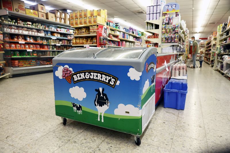 A refrigerator bearing the Ben & Jerry’s logo is seen